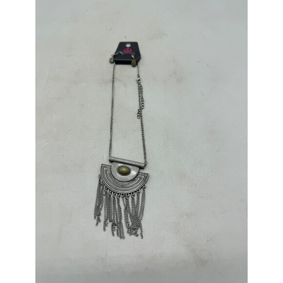 Paparazzi Silver & Olive Green Fringe Necklace & Earring Set - Picture 2 of 5